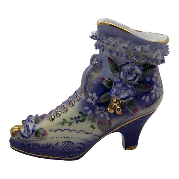 Vintage Inspired Ceramic Lace Ruffle Vivid Violet Flowers Boot Limoges - Picture 3 of 10